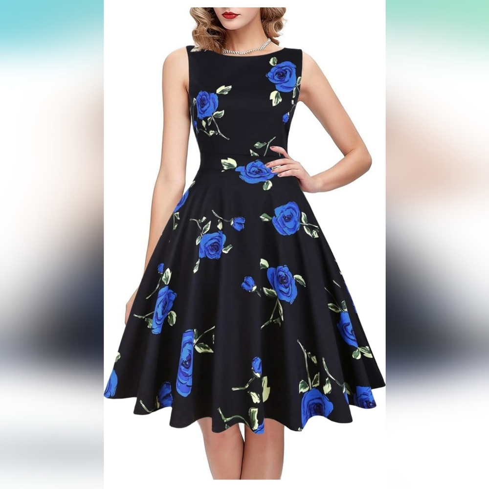 Vintage 1950's Inspired Blue Rose Swing Dress 2XL